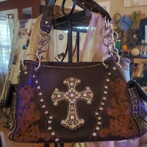 brown embellished purse w/ cross...